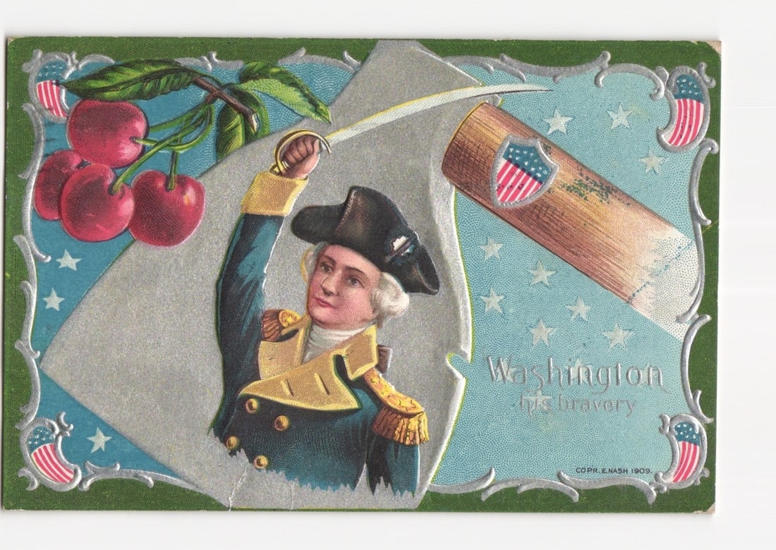 Patriotic George Washington Chromolithograph Postcard with Cherries and Sword, 1910 Postmark (1 of 2)