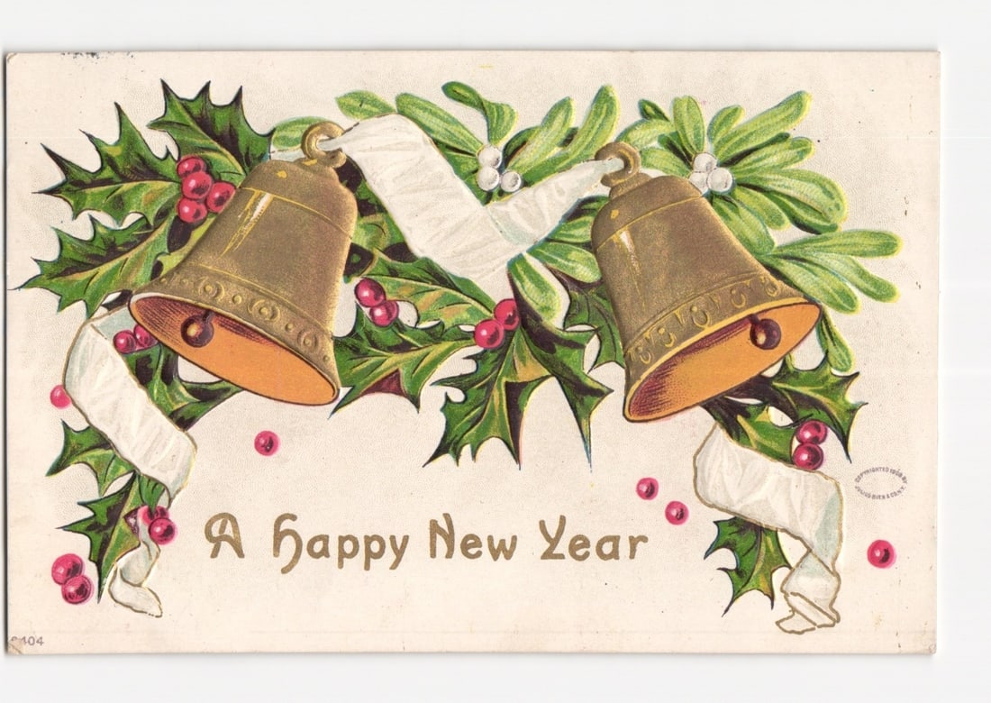 Early 20th Century New Year postcard with bells, holly, mistletoe, and 'A Happy New Year' greeting.: Two large brass-colored bells, each with a clapper, are suspended amidst green holly and mistletoe sprigs. Red holly berries and white mistletoe berries are interspersed among the leaves. White ribbon