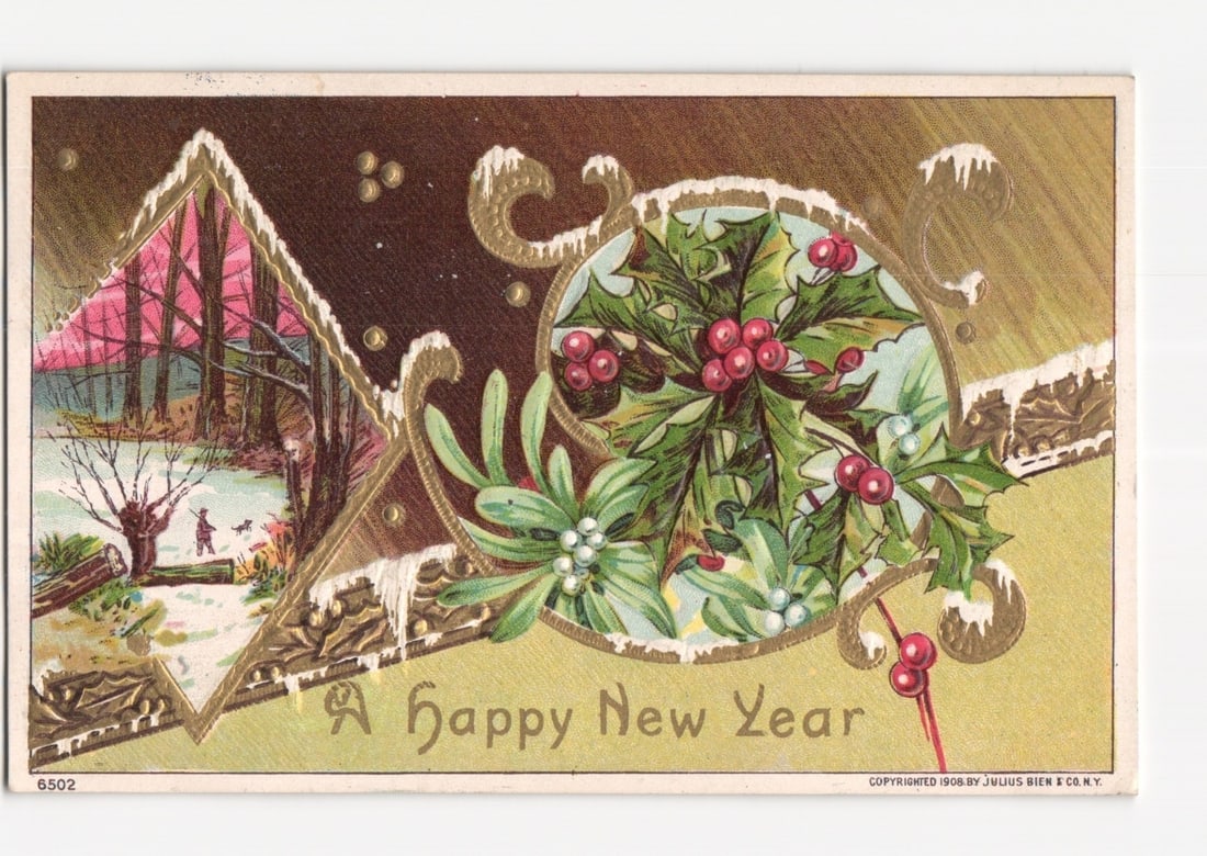 Chromolithograph postcard depicting a winter scene, holly, mistletoe, and a New Year's greeting from (1 of 2)