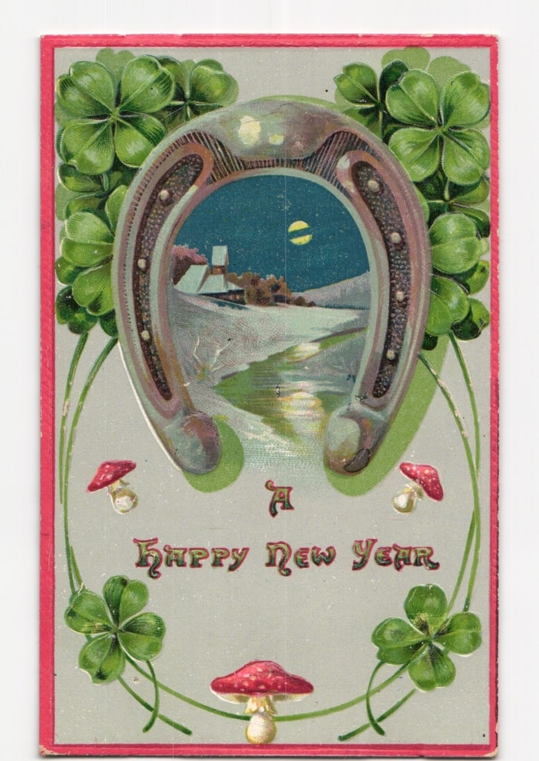 New Year horseshoe and shamrock motif postcard with winter night scene, likely Edwardian era. (1 of 2)
