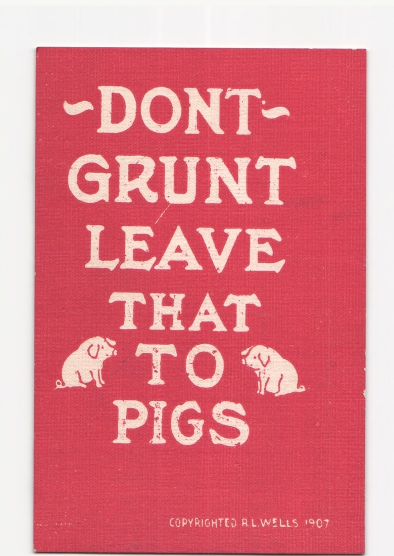 Humorous "Don't Grunt Leave That To Pigs" lithograph postcard with pig illustrations, 1907.: A vertically oriented postcard featuring a humorous message in white text against a solid red background. The message reads: 'DONT GRUNT LEAVE THAT TO PIGS'. Two stylized white pig illustrations appea
