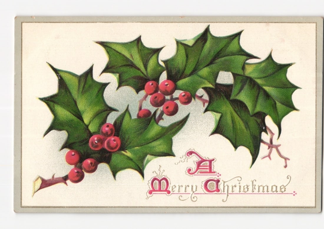 Chromolithograph Christmas Holly and Berries Postcard, Published by Raphael Tuck & Sons, circa 1900s: A central sprig of holly features red berries and vibrant green, spiky leaves, arranged against a plain, light background. Branches extend from the lower left, filling the upper and central areas. The
