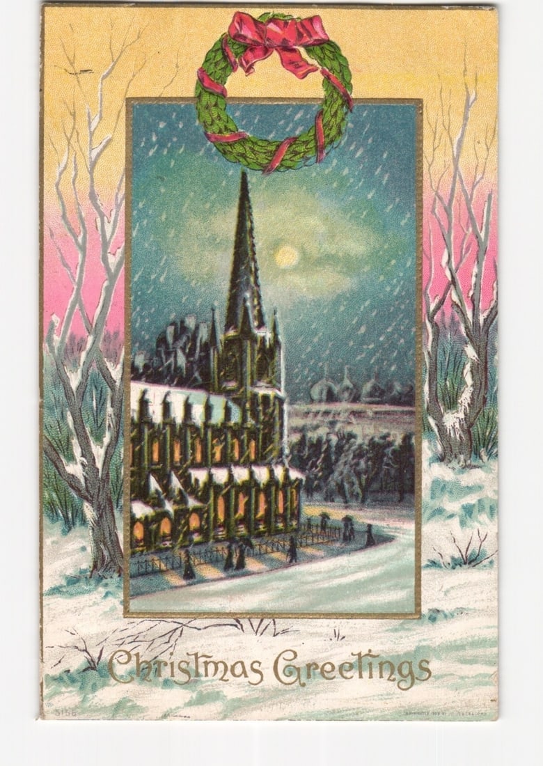 Early 20th Century Chromolithograph Christmas postcard: Snowy church scene with wreath, 1909.: A chromolithograph illustration depicts a snow-covered church with a prominent, tall steeple and illuminated windows, set against a nighttime sky with a full moon. Several small figures are seen walki