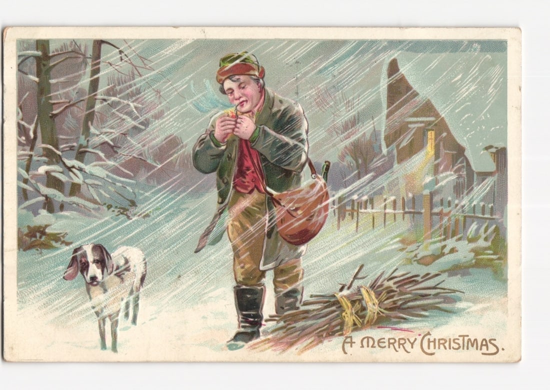 Man lighting pipe with dog in snowy woods, cottage, 'A Merry Christmas' chromolithograph postcard. (1 of 2)