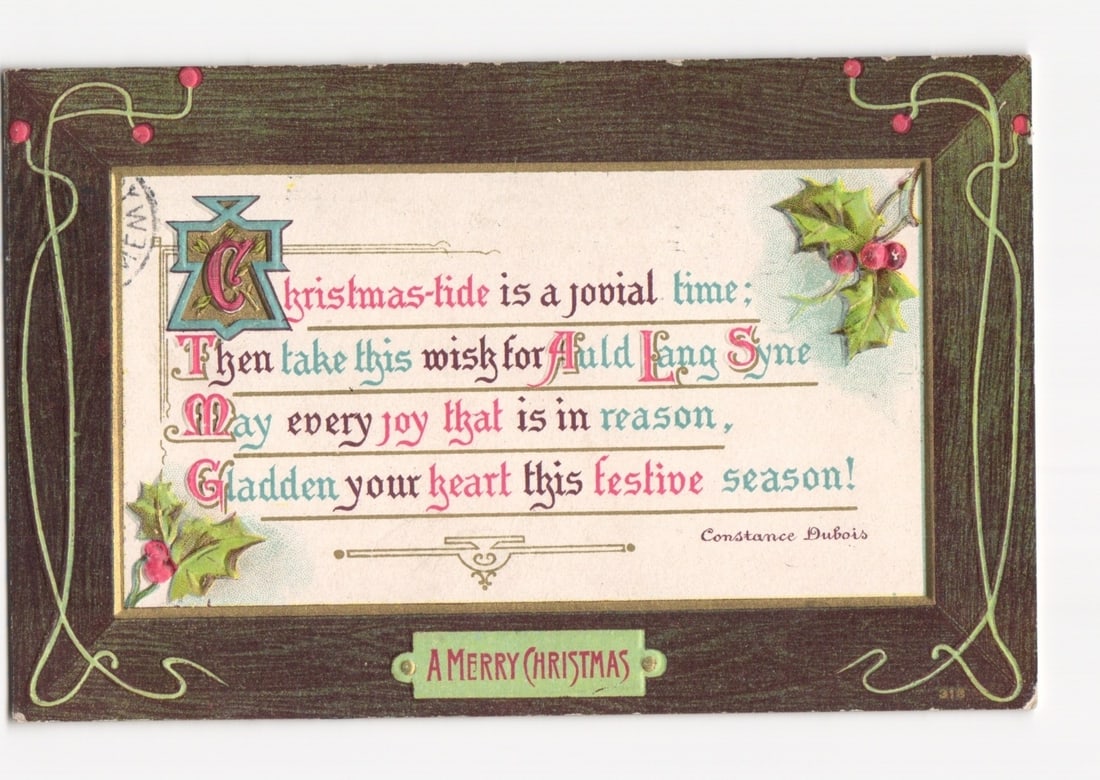 Ornate Christmas Greeting Postcard with Holly, Berries, and Festive Poem, Circa 1909 (1 of 2)