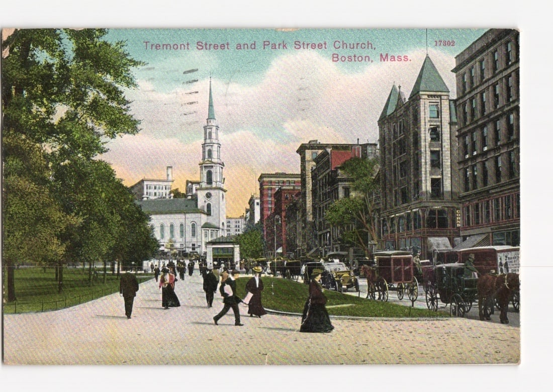 Historic Tremont Street and Park Street Church, Boston, Massachusetts, c. 1909 postcard (1 of 2)