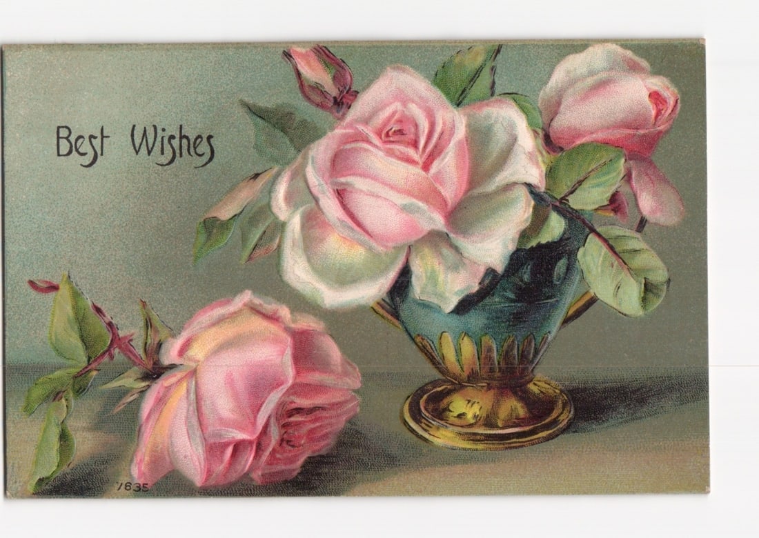 Early 20th Century Chromolithograph Postcard Depicting Pink and White Roses and 'Best Wishes'. (1 of 2)