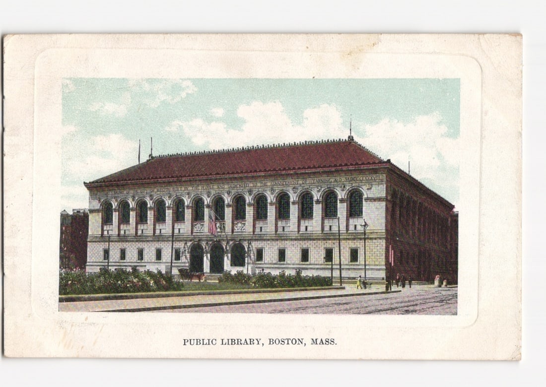 Historic Boston Public Library architectural postcard, Massachusetts, an early 20th-century view.: The Boston Public Library building is depicted, showcasing its Renaissance Revival architecture with a long, light-colored stone facade and a reddish-brown tiled roof. The primary facade features a se