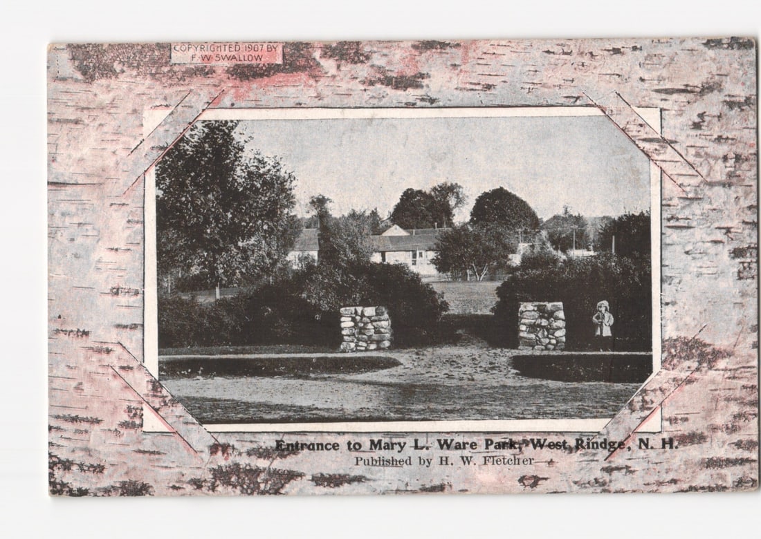 Copyright 1907 postcard of the Mary L. Ware Park Entrance, West Ridge, New Hampshire.: A photographic view of the entrance to Mary L. Ware Park in West Ridge, New Hampshire. The central image, a black and white halftone photograph, depicts two prominent stone gateposts flanking a dirt p