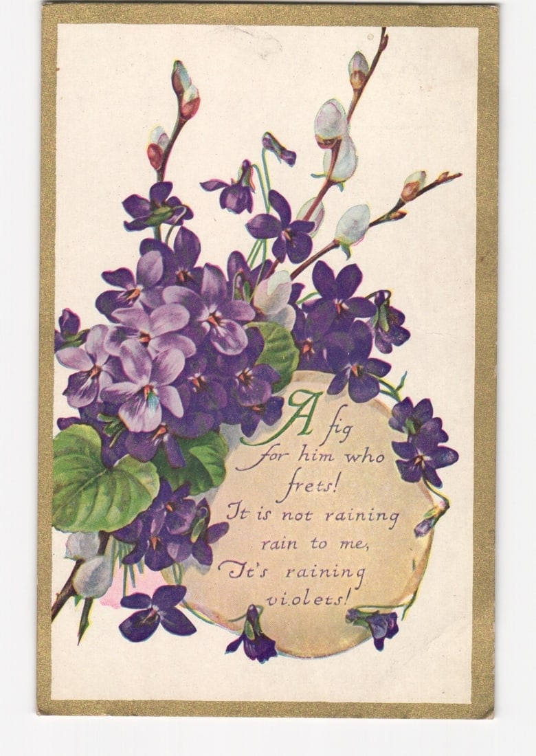 Early 20th-century postcard featuring a vibrant bouquet of violets and pussy willows with a poetic (1 of 2)
