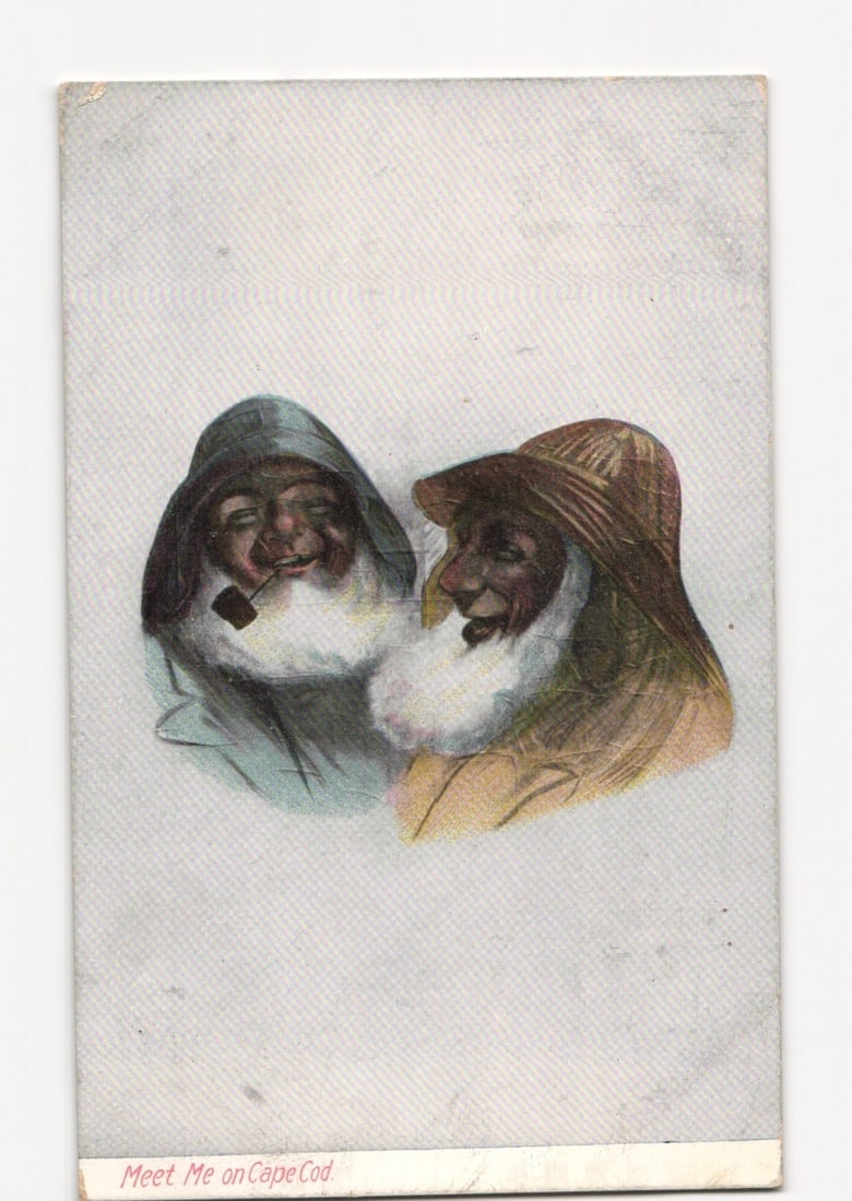 Illustrated postcard of two laughing fishermen, 'Meet Me on Cape Cod', postmarked 1910. (1 of 2)