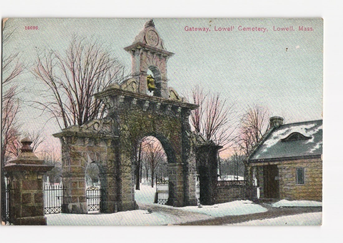 Early 20th Century Postcard of the Gateway at Lowell Cemetery, Lowell, Massachusetts with Snow (1 of 2)