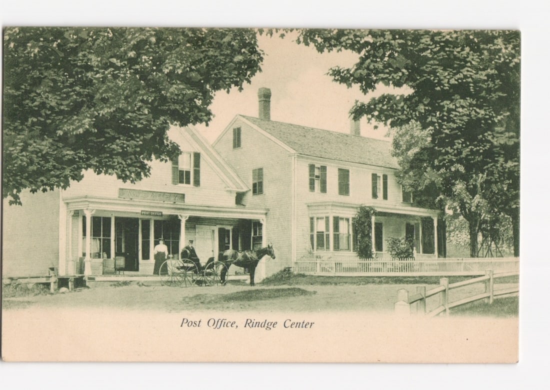 Post Office Building, Rindge Center, featuring Horse-Drawn Carriage and Men, early 20th-century (1 of 2)