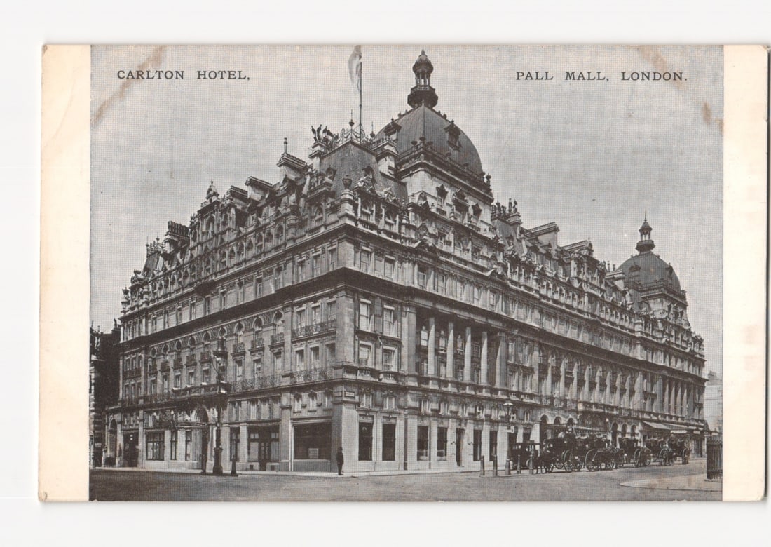 Historic Postcard: The Carlton Hotel on Pall Mall, London, with Horse-Drawn Carriages (1 of 2)