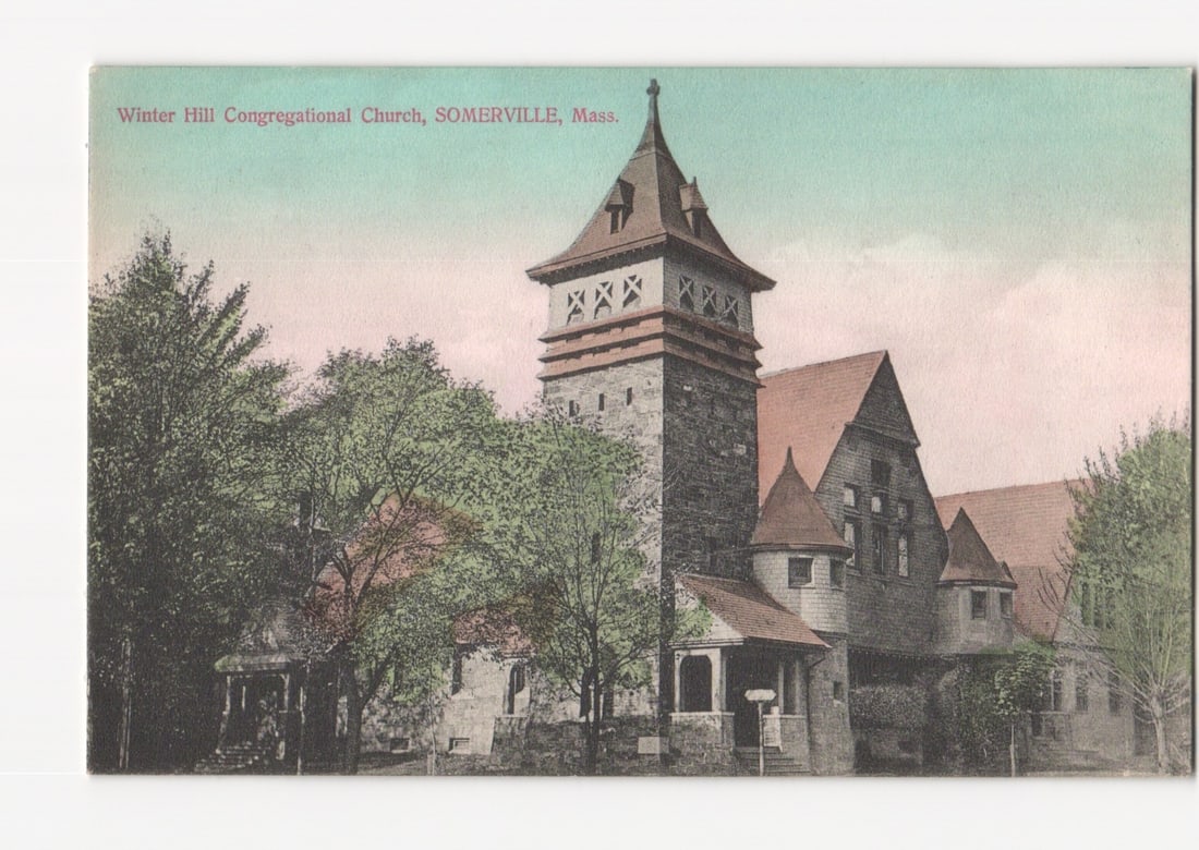 Winter Hill Congregational Church, Somerville, Mass., early 20th century color lithograph postcard.: Winter Hill Congregational Church, Somerville, Massachusetts, is depicted in an angled exterior view. The substantial stone structure features a prominent square tower with decorative X-shaped opening