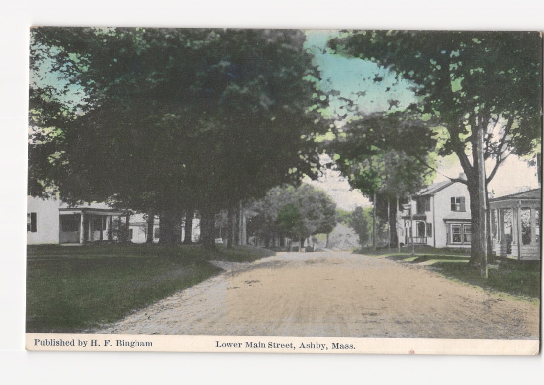 Hand-colored street view postcard of Lower Main Street, Ashby, Massachusetts, early 20th century.: A view looking down an unpaved road lined with large, mature deciduous trees and houses. The road extends into the distance, appearing to curve slightly. On the right side, multiple two-story wooden h