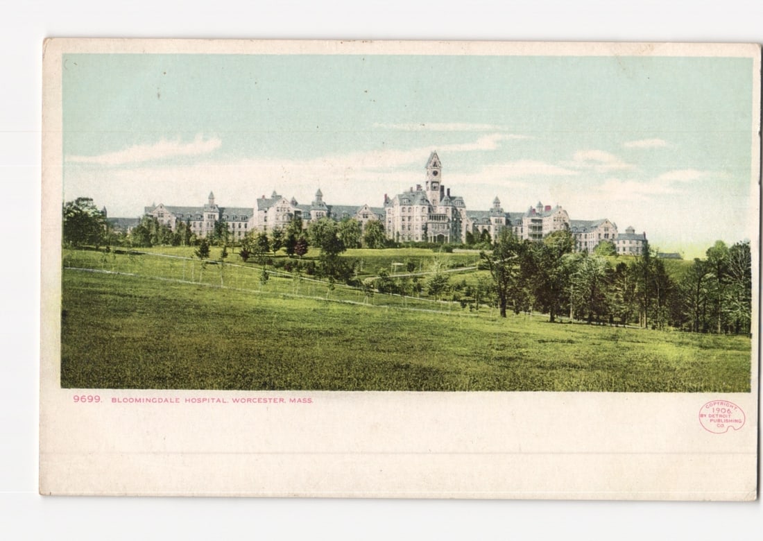 Bloomingdale Hospital, Worcester, Massachusetts, large institutional building postcard, circa 1906. (1 of 2)