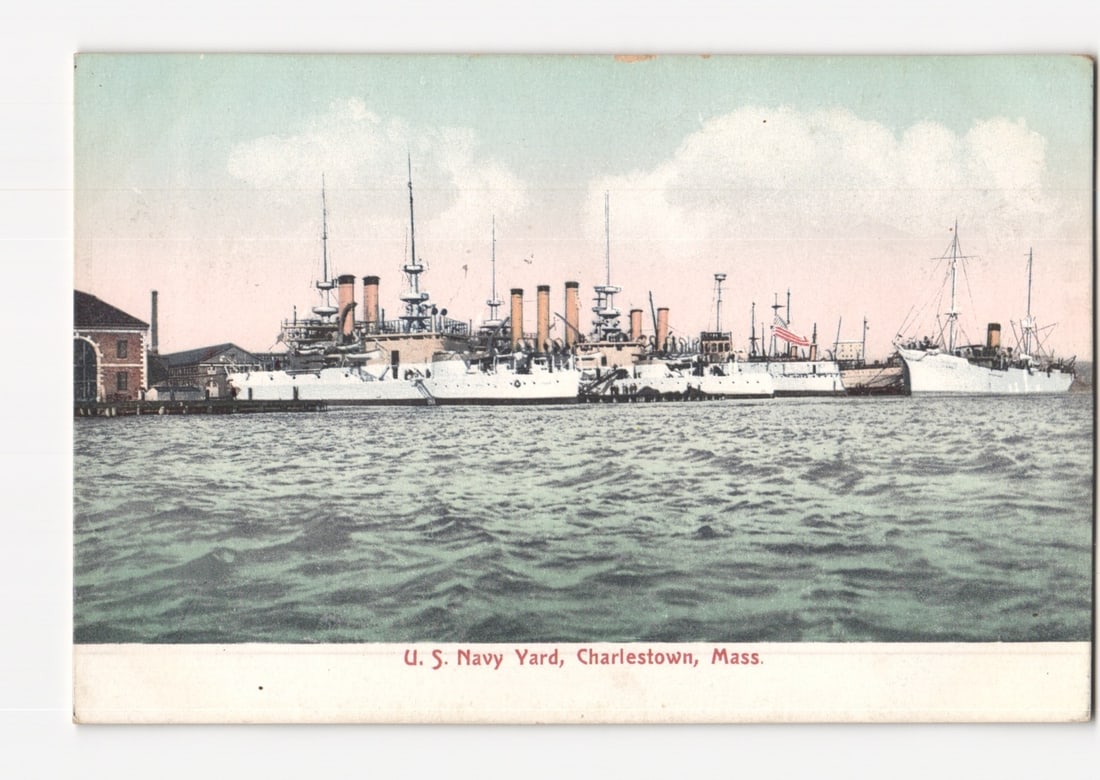 Early 20th Century Naval Warships Docked at U. S. Navy Yard, Charlestown, Massachusetts postcard (1 of 2)