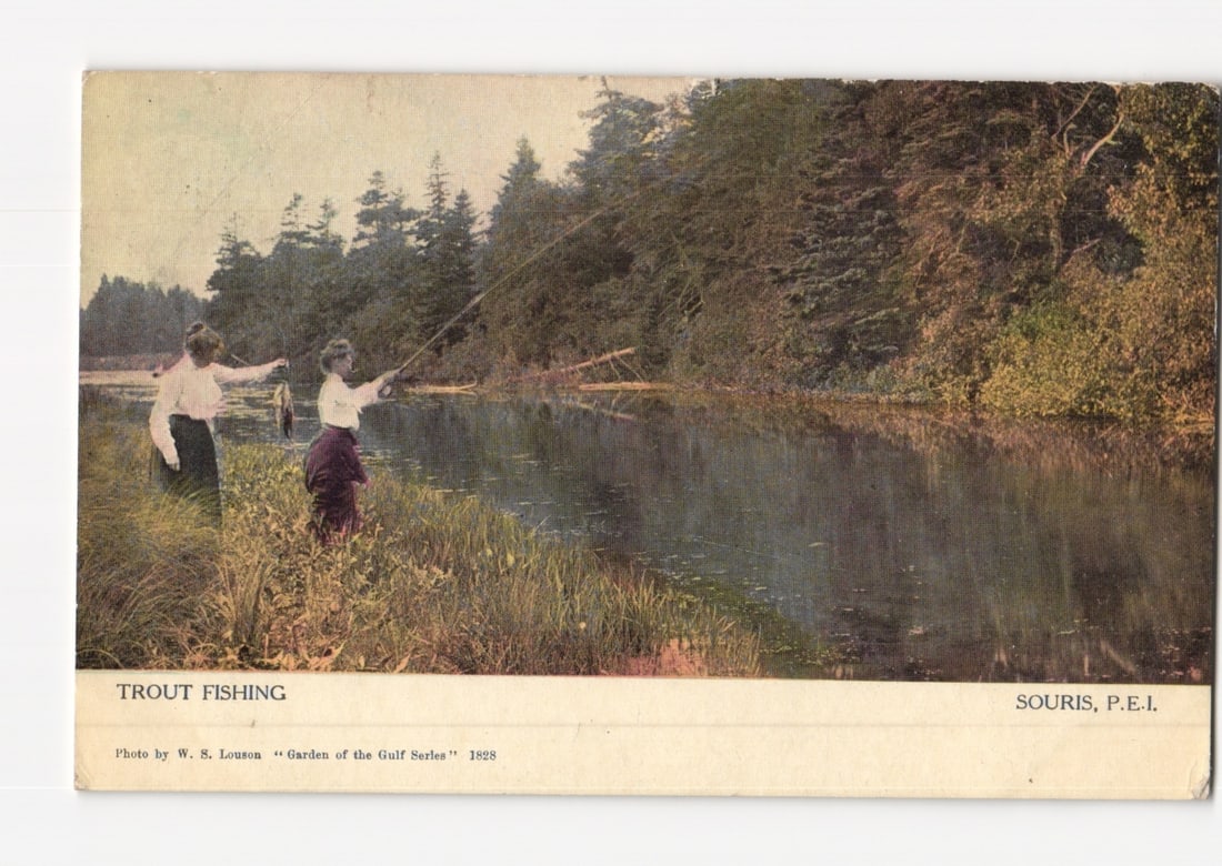 Photochromic postcard showing two women trout fishing in Souris, P.E.I., early 20th century (1 of 2)