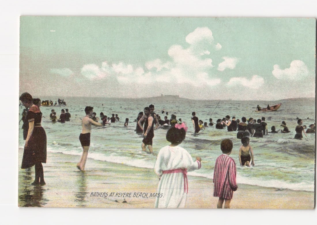 Early 20th Century Bathers on Revere Beach, Massachusetts, Chromolithograph Postcard.: Numerous bathers populate the ocean and sandy shore under a cloudy sky. Figures are seen wading and standing in the water, with some closer to the viewer and others further out. A woman on the far lef