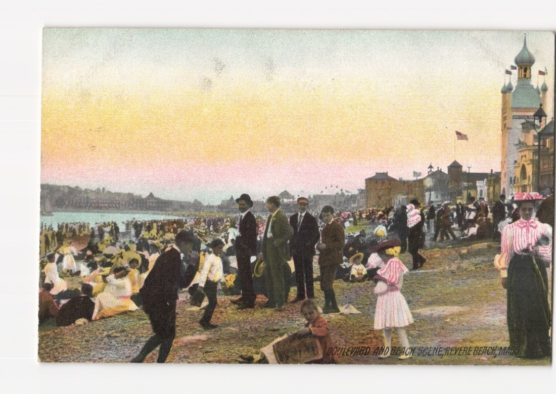 Large Crowd on Boulevard and Beach Scene, Revere Beach, Massachusetts, Early 1900s Postcard: A chromolithograph depicts a large crowd on a beach at Revere Beach, Massachusetts. Figures are dressed in late 19th or early 20th-century attire, with men in suits and hats, and women in long dresses