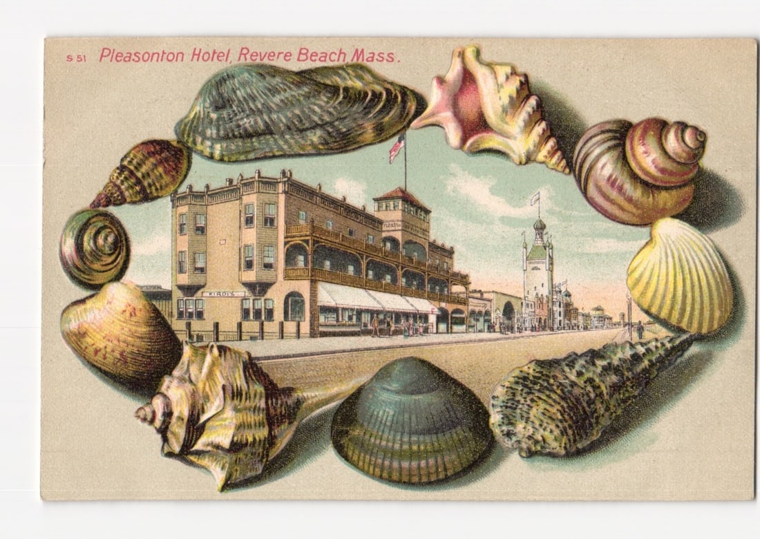 Pleasanton Hotel, Revere Beach Mass. with Seashells Border, Early 1900s Chromolithograph Postcard: The Pleasanton Hotel is centrally depicted in a street view of Revere Beach, Massachusetts. The multi-story hotel features multiple balconies, awnings, and an American flag flying from its roof. The s