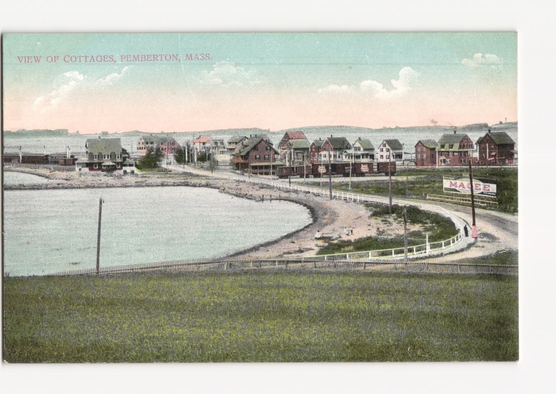 Coastal Cottages, Pemberton, Massachusetts, Early 20th Century Chromolithograph Postcard: A colorful chromolithograph depicts a panoramic view of numerous cottages along a curving road by a body of water in Pemberton, Massachusetts. The foreground features a gentle grassy hillside with a l