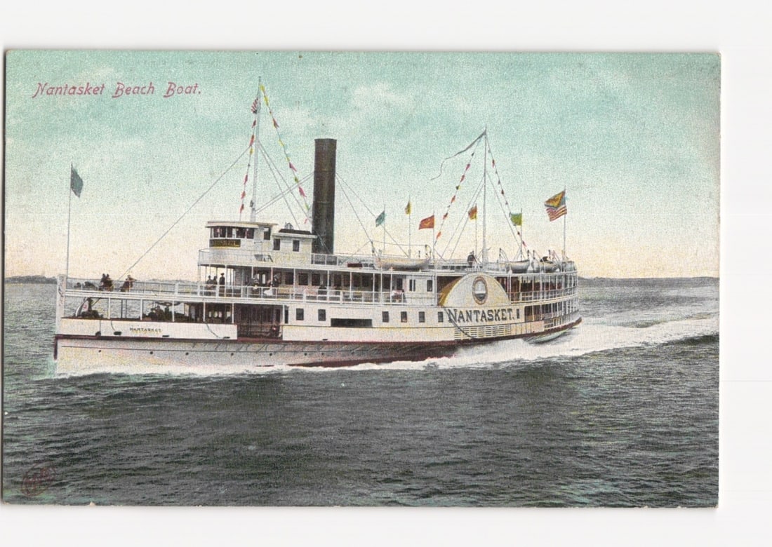 Historic Steamer Nantasket Beach Boat Cruising Water, Massachusetts, Early 20th Century Postcard: A large paddle-wheel steamboat, identified by "NANTASKET" on its side, is depicted cruising through water, creating a prominent wake. The multi-decked vessel is white with a dark lower hull, featuring