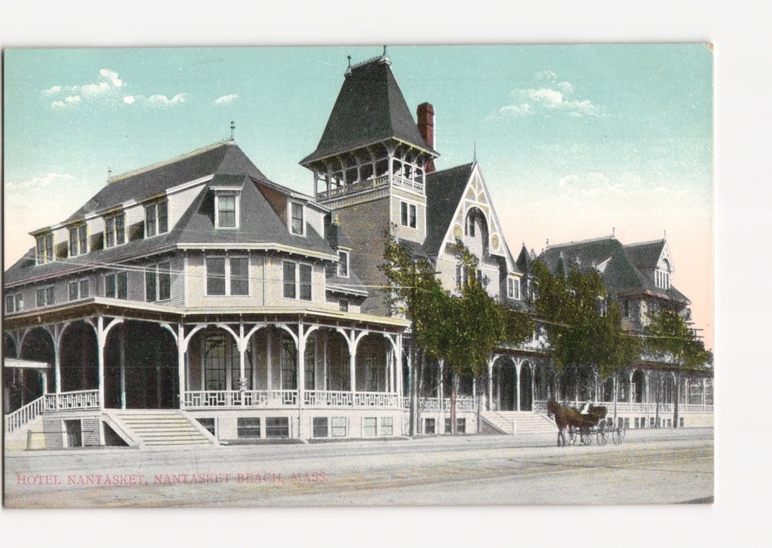 Historic Hotel Nantasket, Nantasket Beach, Mass., Horse-Drawn Carriage, Early 1900s postcard: A large, multi-story hotel building with a prominent central tower and extensive wrap-around porches dominates the scene. The architecture features multiple gables, dormer windows, and ornate white tr