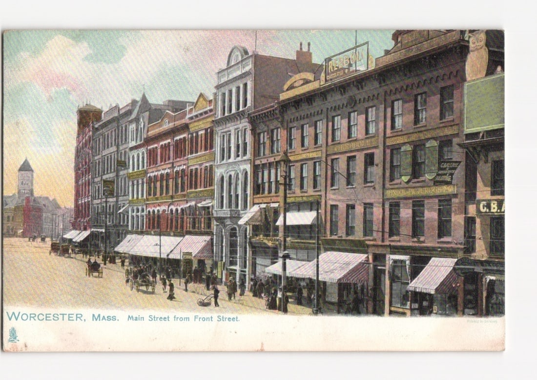 Worcester, Mass. Main Street from Front Street, bustling early 20th century urban postcard (1 of 2)