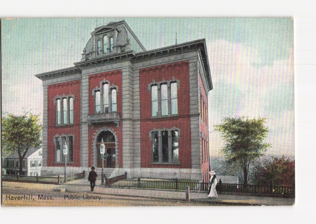 Haverhill, Massachusetts Public Library building with pedestrians, early 20th-century postcard. (1 of 2)