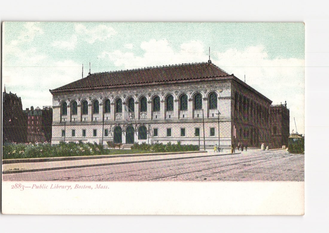 Historic Boston Public Library Postcard, Grand Architectural View, Copley Square, Massachusetts: The Boston Public Library, a grand Beaux-Arts style building, is depicted in a horizontal chromolithograph. The multi-story structure features a classical stone facade with a series of arched windows 