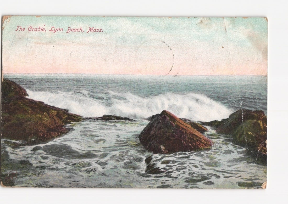 Ocean Waves Crashing on Rocks at The Cradle, Lynn Beach, Mass. 1909 postcard (1 of 2)