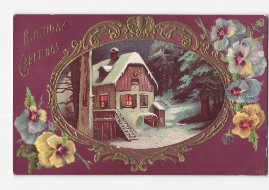 Early 20th Century Chromolithograph Postcard: Snow-Covered House, Pansies, Birthday Greetings (1 of 2)