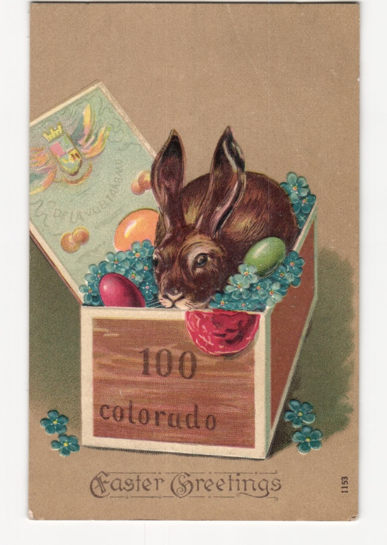 Vintage Easter Greetings postcard with a brown rabbit, colorful eggs, and text 'Colorado 100'. (1 of 2)