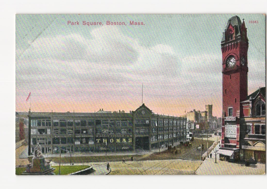 Reichner Bros Boston Park Square Massachusetts Undivided Back Postcard Germany: A Private Mailing Card featuring Park Square in Boston, Massachusetts, showing a large commercial building with "THOMAS" signage, a prominent clock tower on the right, and a statue in the foreground, 