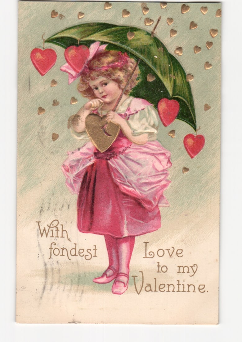 Vintage Valentine's Day postcard: Young girl with green umbrella, red and gold hearts, c. 1909. (1 of 2)