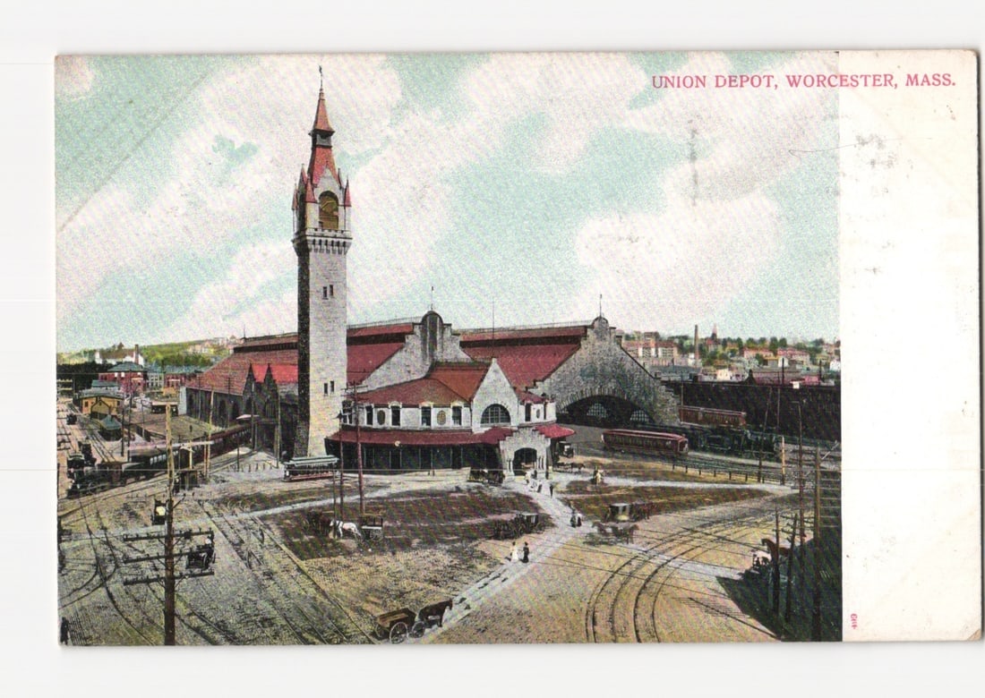 Elevated view of Union Depot, Worcester, Massachusetts, with trains and carriages, early 20th (1 of 2)