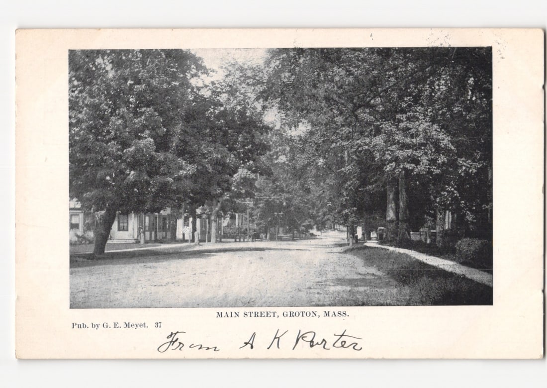 Historic Tree-Lined Main Street, Groton, Massachusetts, Early Photographic Postcard: A black and white photographic print depicts a tree-lined street scene. The image captures a wide, unpaved road extending into the distance, flanked by mature trees that form an overhead canopy. Build