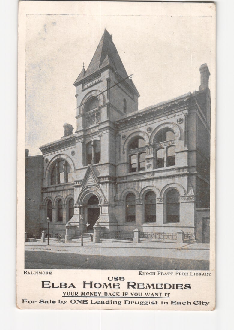 Enoch Pratt Free Library, Baltimore Advertising Postcard for Elba Home Remedies, Early 20th Century (1 of 2)