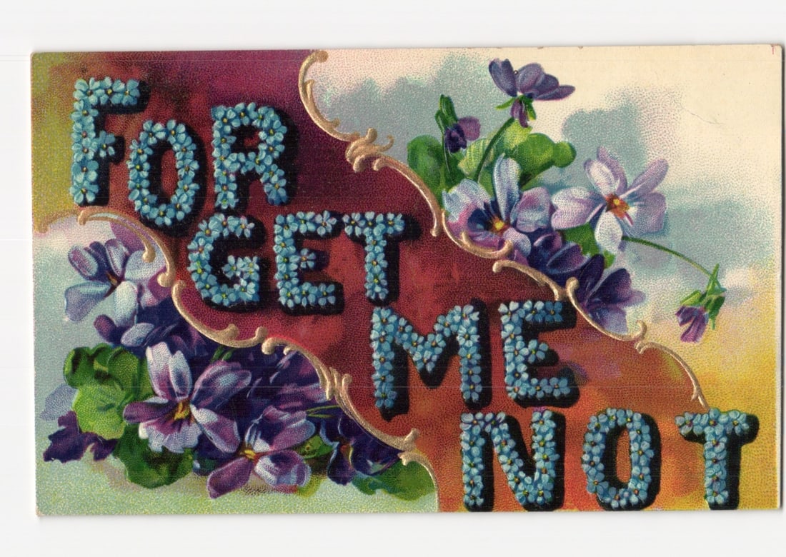 Illustrated Forget-Me-Not Flower Text and Pansies Chromolithograph Postcard, 1908. (1 of 2)