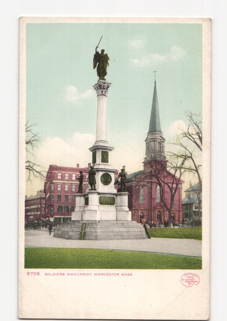 Historic Soldiers Monument and Church in Worcester, Massachusetts, 1906 Lithograph Postcard (1 of 2)