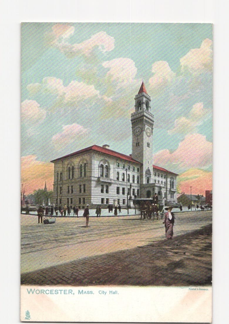 Worcester, Mass. City Hall with Pedestrians and Carriage, Early 20th Century Postcard.: A chromolithograph depicting the City Hall building in Worcester, Massachusetts, featuring a prominent clock tower with a red pyramidal roof. The substantial stone building is shown from a street-leve