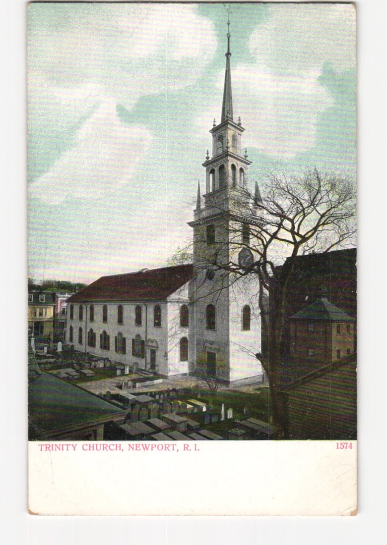 Early 20th Century Trinity Church, Newport, R.I. Architectural View Lithograph Postcard: A chromolithograph postcard depicting Trinity Church in Newport, Rhode Island, viewed from an elevated perspective. The prominent white colonial-style church building features a tall, multi-tiered ste