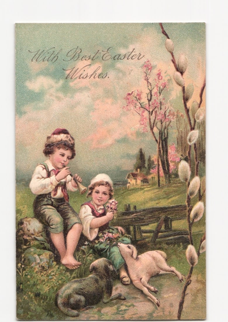 Charming Early 20th Century Easter Wishes Postcard Featuring Children, Dogs, and Spring Scene (1 of 2)