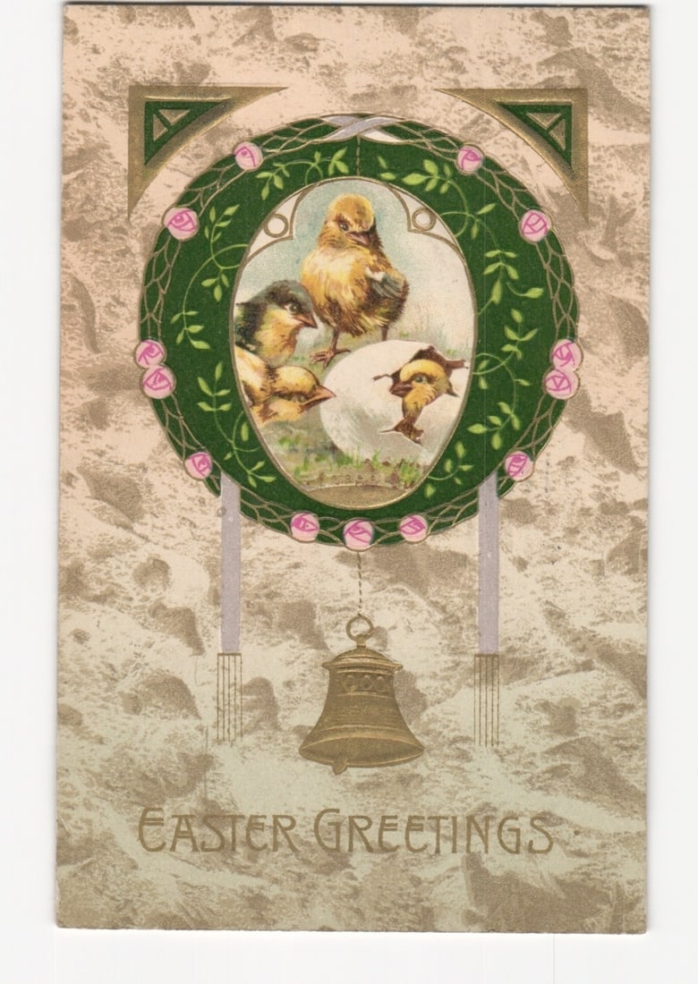 Easter Greetings postcard featuring chicks hatching from eggs within a floral wreath, early 20th (1 of 2)