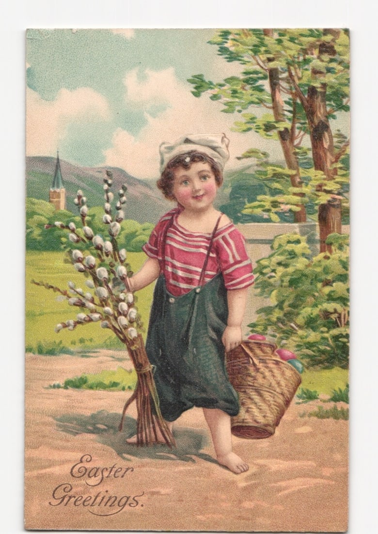 Vintage Chromolithograph Postcard: Boy with Pussy Willows and Easter Basket, Early 20th Century: A chromolithograph postcard featuring a young child, possibly a boy, with rosy cheeks and a light-colored cap, dressed in a red and white striped shirt and dark overalls. The child stands barefoot on 