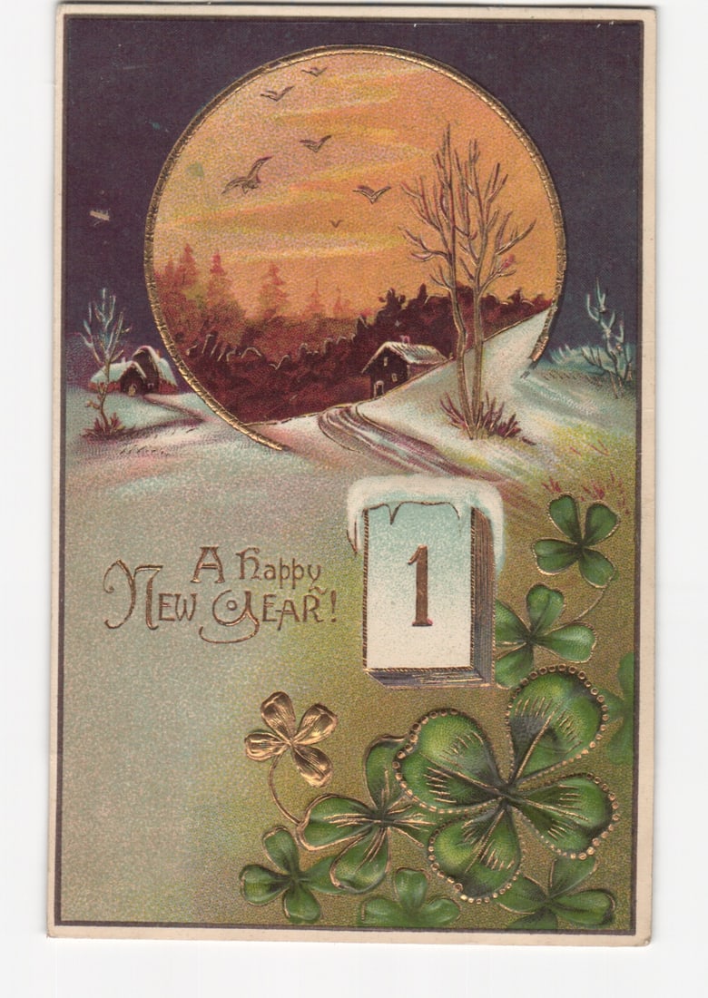 New Year Winter Landscape Chromolithograph Postcard with Embossed Clovers, 1903 Postmark (1 of 2)