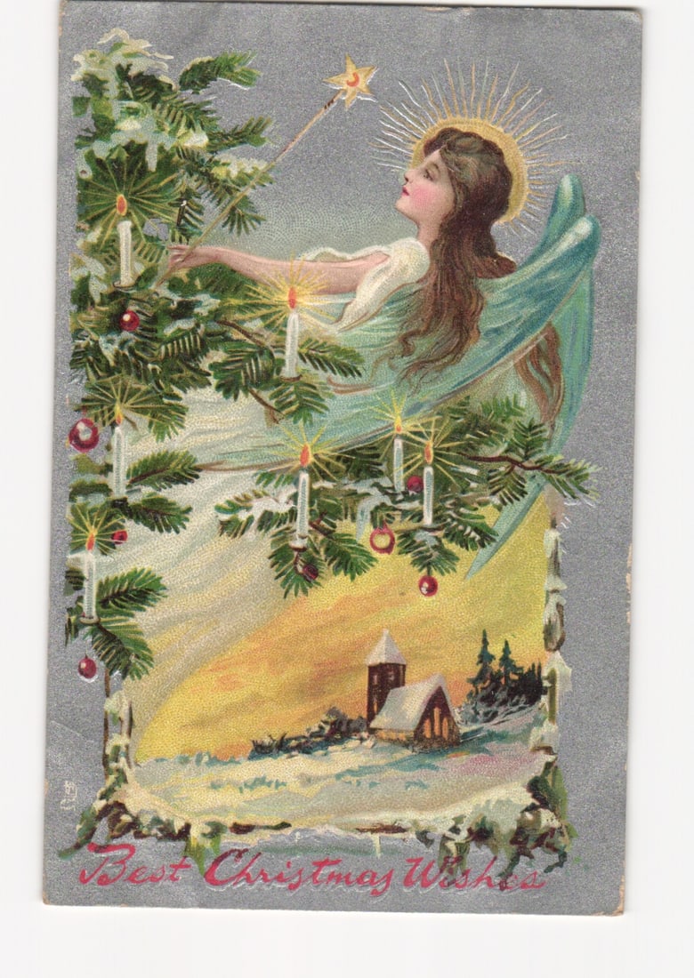 Early 20th Century Chromolithograph Postcard of Angel Decorating Christmas Tree, 1908 (1 of 2)