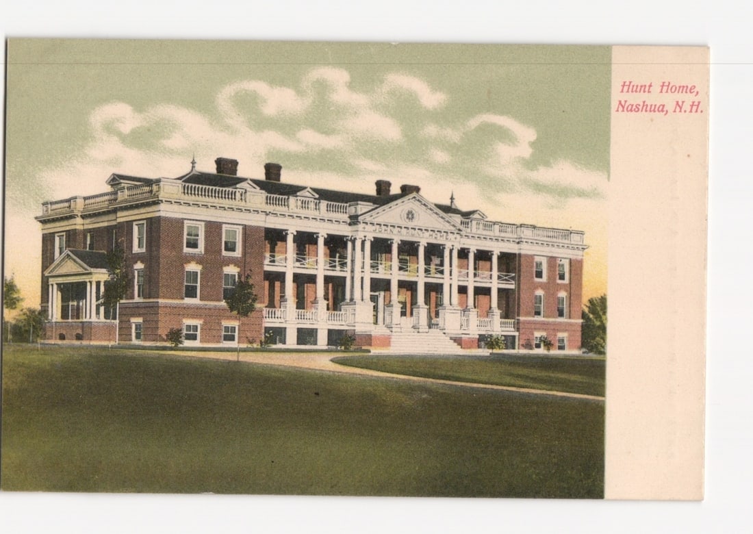 Early 20th-Century Lithograph Postcard of Hunt Home, Nashua, New Hampshire, Grand Brick Building: A large, multi-story brick institutional building with a prominent central portico and two smaller side porticos is depicted. The building features white classical columns, balustrades, and a grand en